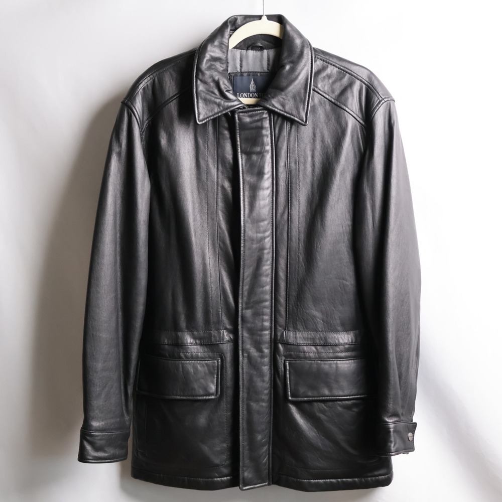 London Fog Mens Black Genuine Leather Field Jacket Coat Small S Quilted Lining